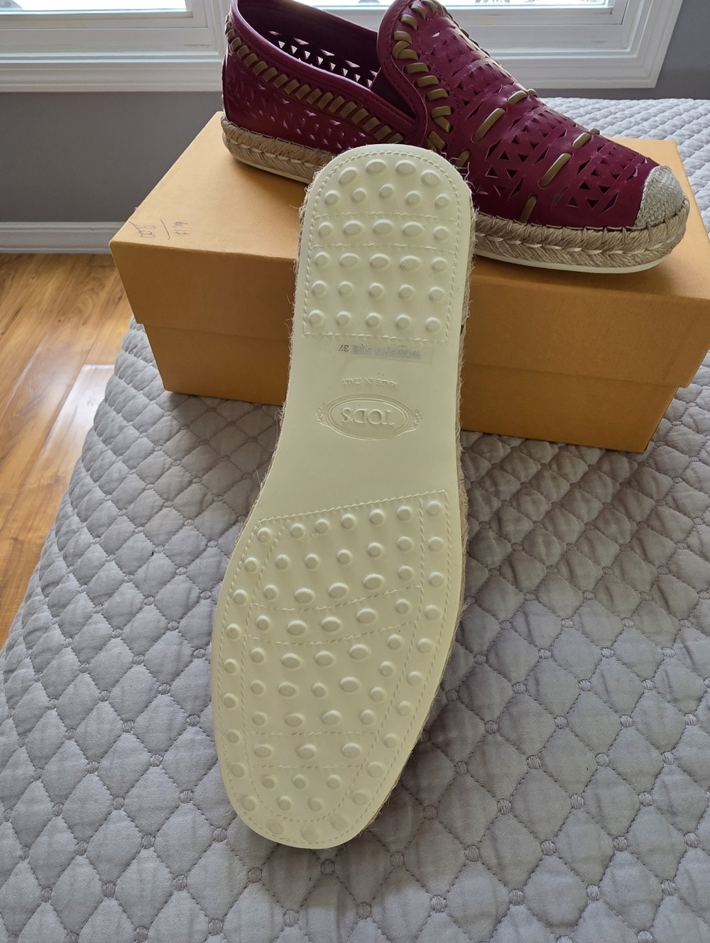 Tod's Burgundy Laser-Cut Leather Espadrille Slip-On